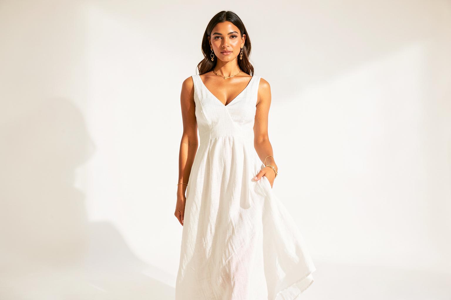 Modelo vestindo um vestido branco da coleção WV Modas